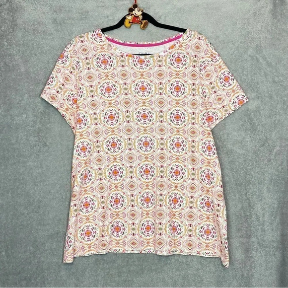CROFT & Barrow XXL Top Shirt Pink Orange Floral Short Sleeve Round Neck Cotton - Picture 1 of 5